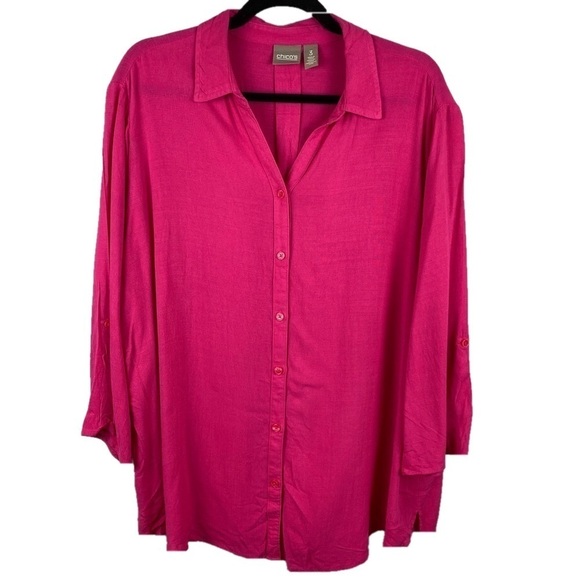 CHICO'S Hot Pink Long Sleeve Button Down Rayon Shirt Large - Picture 1 of 13